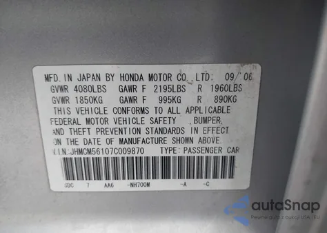 2007 Honda Accord 2.4 Vp from USA, damaged, VIN JHMCM56107C009870